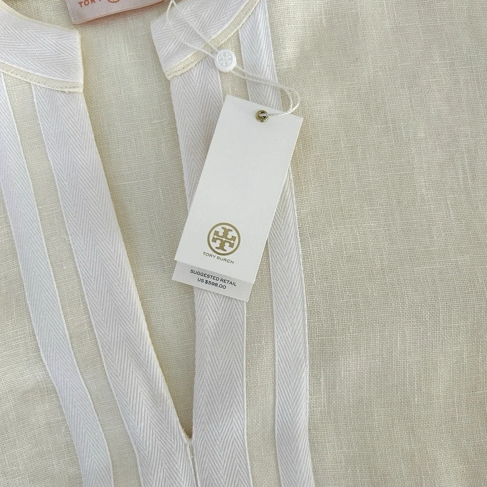 Tory Burch Women 16 Cream Ivory Multicolor 100% Linen Embroidered Tunic Top NWT